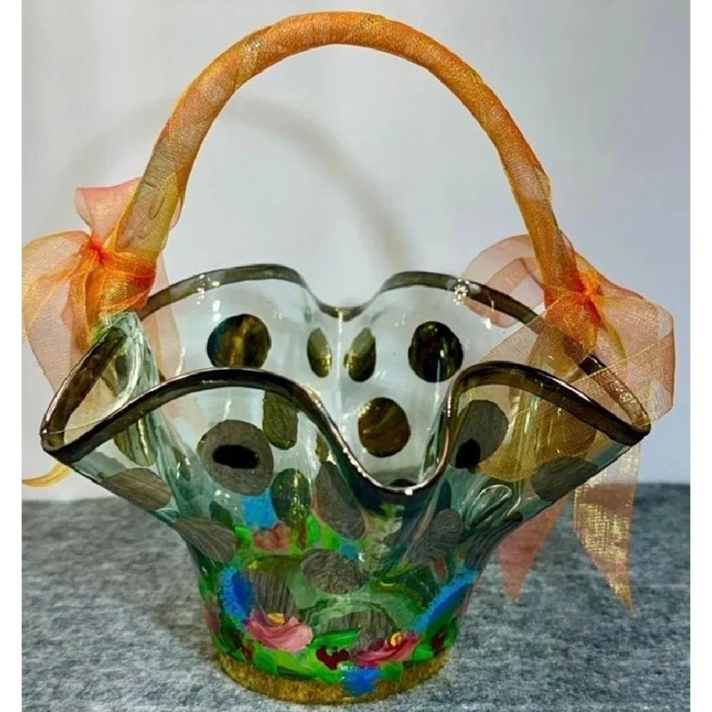 MacKenzie Childs Circus Collection Glass Basket Handpainted Ruffled Floral Bow
